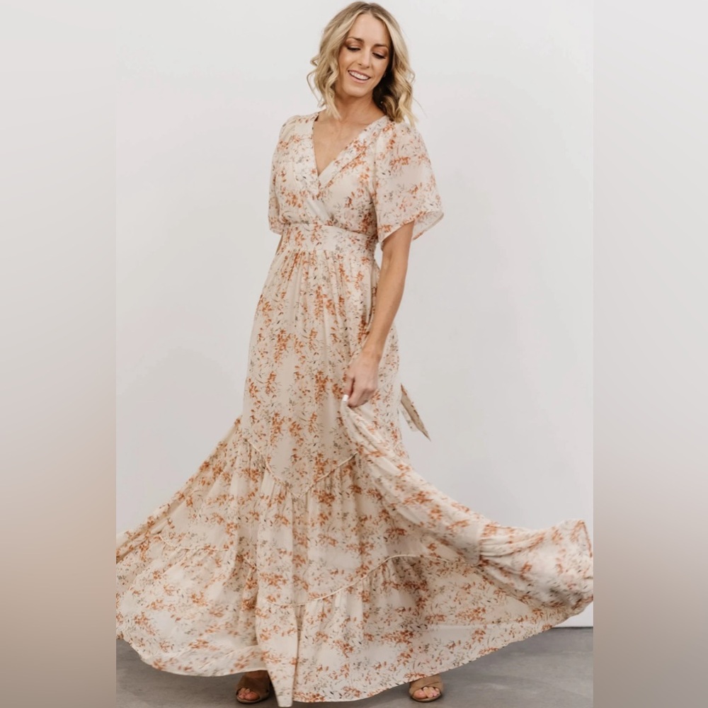 Baltic Born maxi dress, Dusty floral design with hints of rust and tan, size L